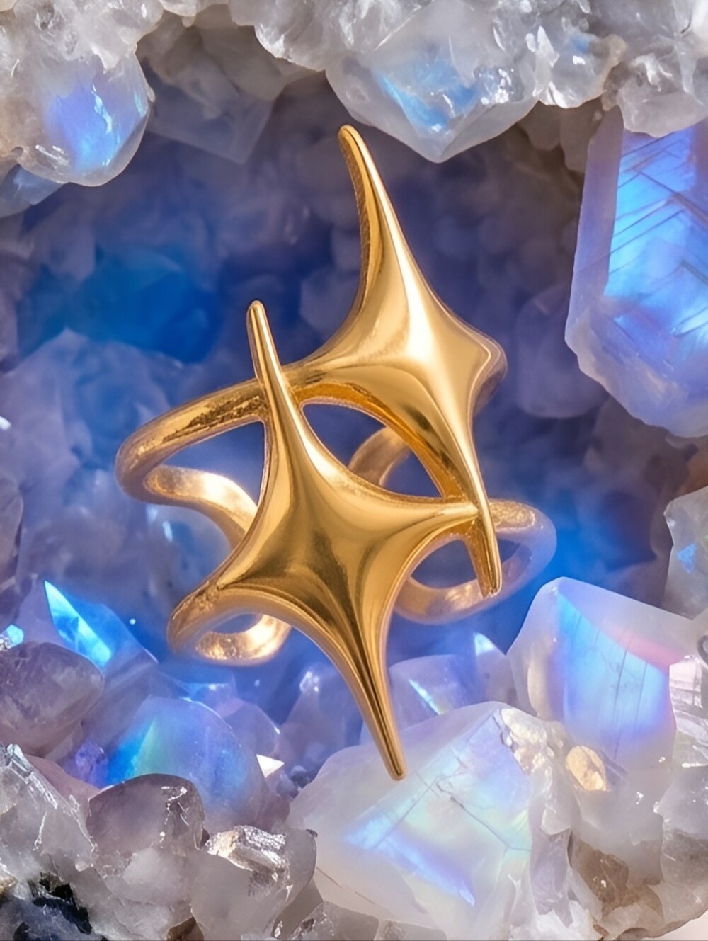18K Gold Plated Celestial Starburst Sculptural Open Ring Fairycore Adj 7-9